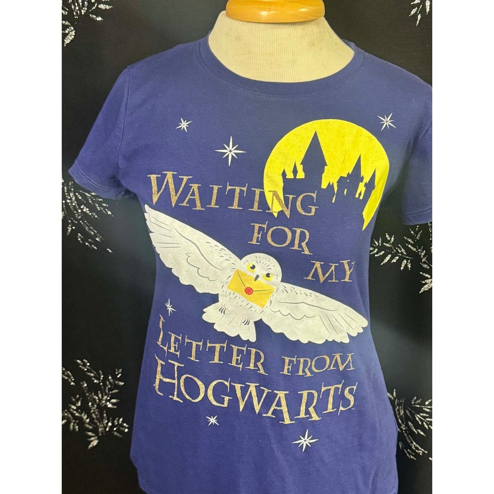 Harry Potter Kids XL 14/16 T-Shirt Blue Hogwarts Letter Hedwig Owl Glitter Tee